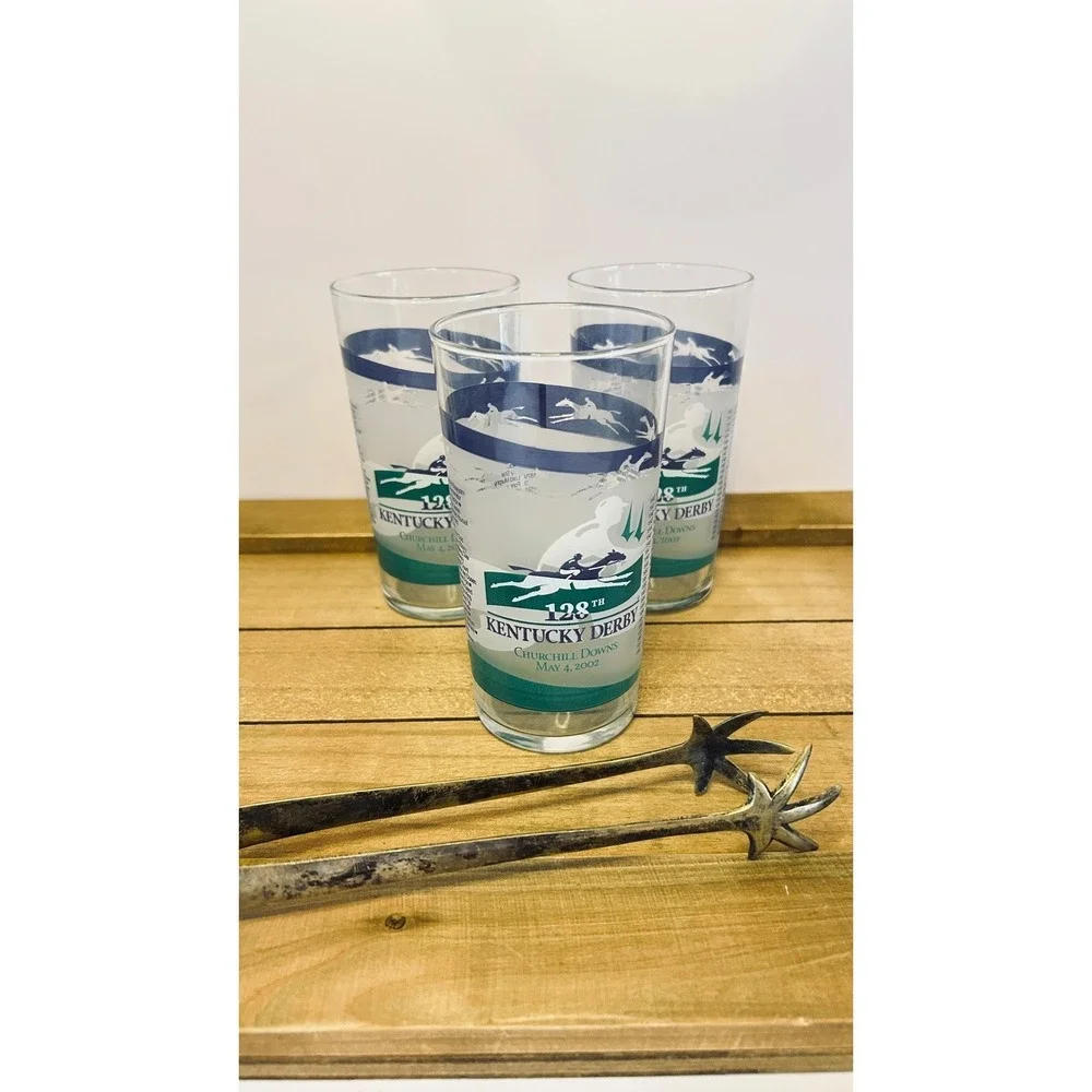Set of 3 Kentucky Derby Churchill Downs Glasses Set Mint Julep Barware Vintage